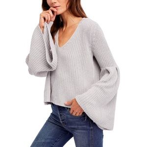 Free People Light Gray V-Neck Bell Sleeve Sweater
